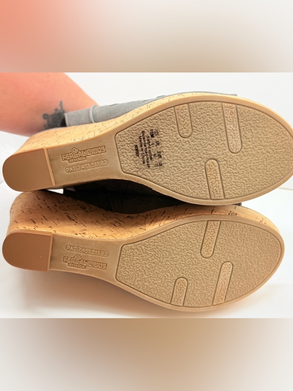 Fergalicious Gray Perforated Suede Cork Wedge Sandals - Picture 9 of 12